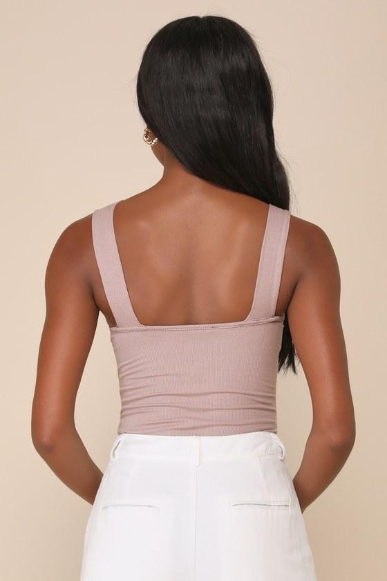 To Be True Ribbed Taupe Asymmetrical Sleeveless Bodysuit Product Image