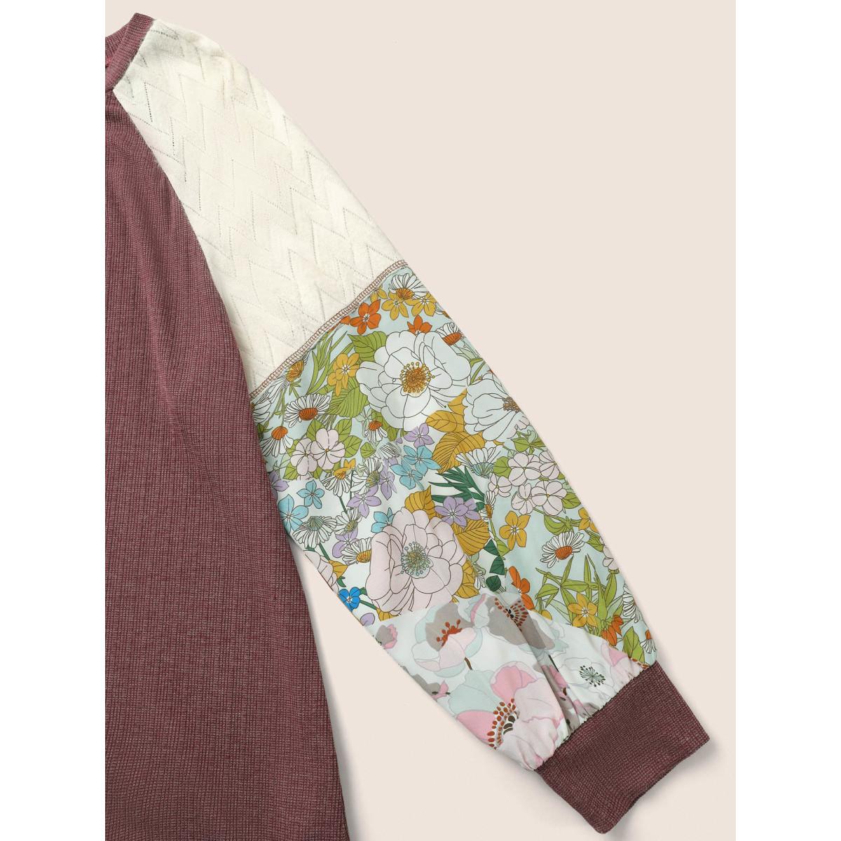 Plus Size Floral Patchwork Textured Raglan Sleeve Stitch T-shirt Russet Women Resort Texture Natural Flowers Round Neck Vacation T-shirts BloomChic 26/4X Product Image