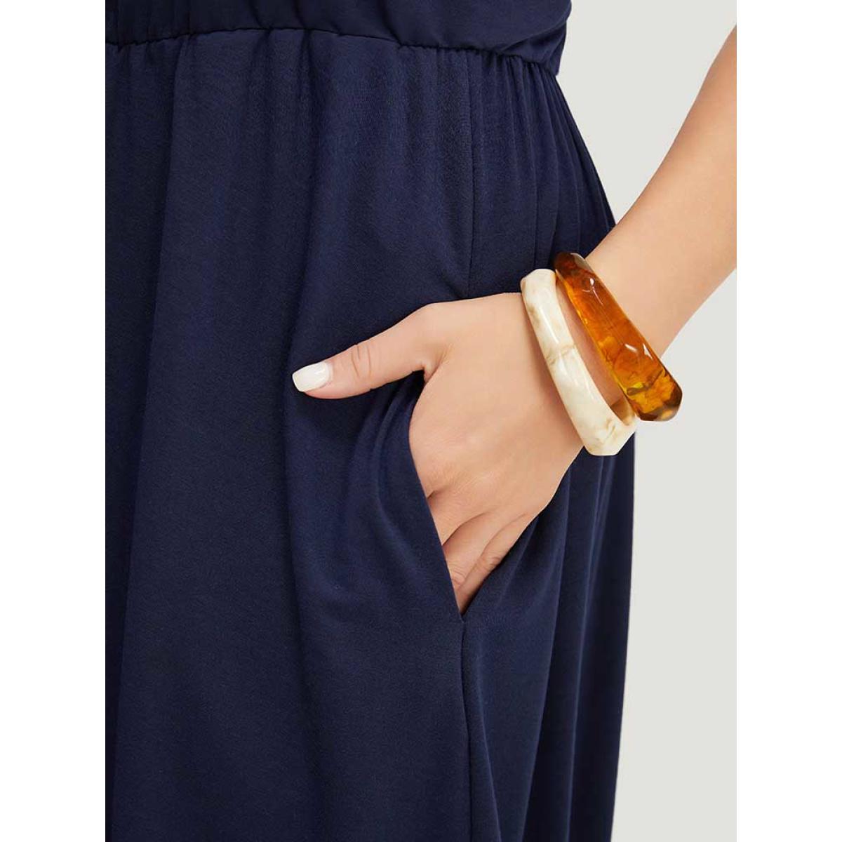 Plus Size Geometric Embroidered Buckle Detail Pocket Ruffle Hem Cami Dress Indigo Women Vacation Embroidered V-neck Sleeveless Curvy Midi Dress BloomChic 18-20/2X Product Image