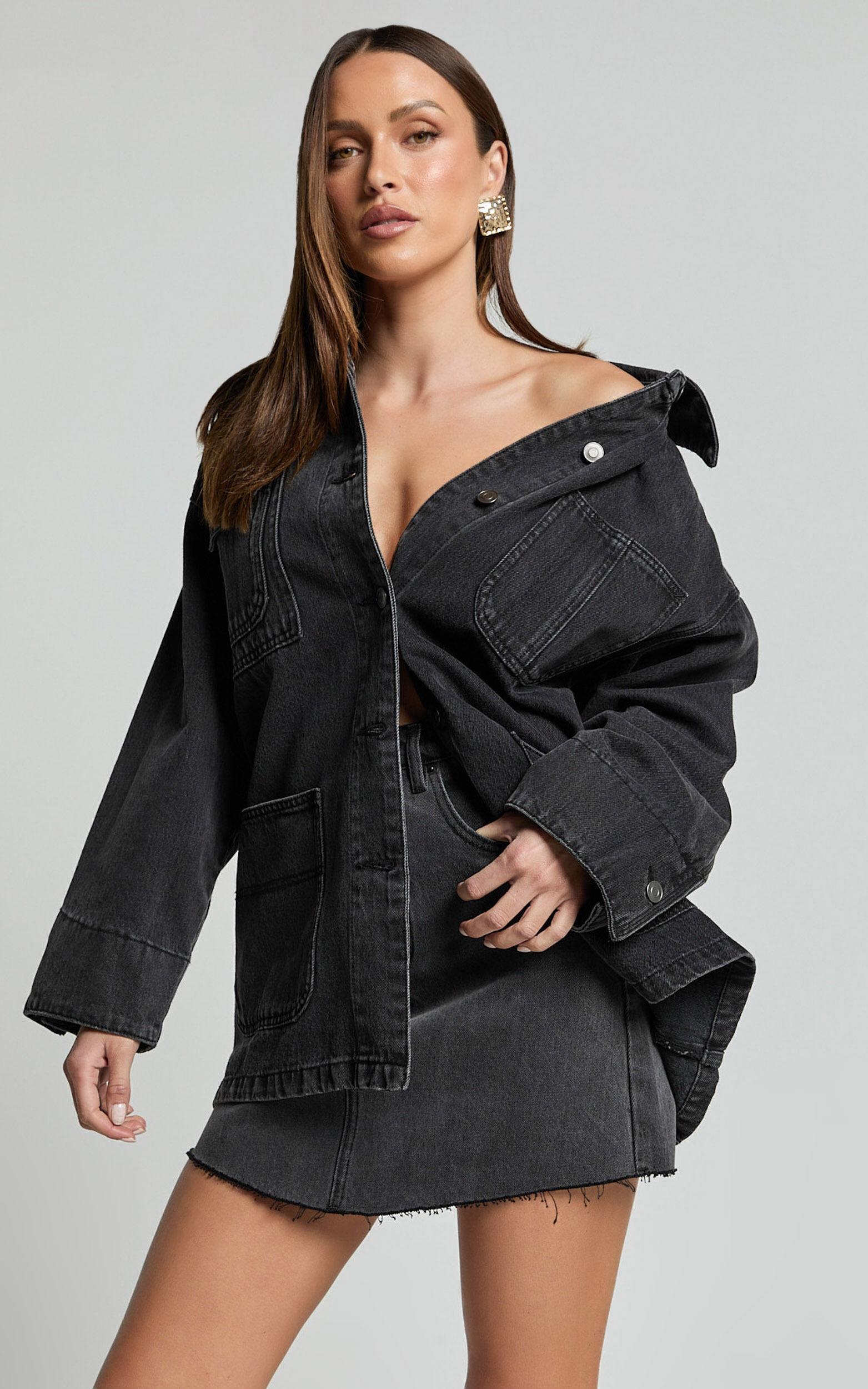 Harlow Jacket - Oversized Long Sleeve Denim Jacket in Black Wash Product Image
