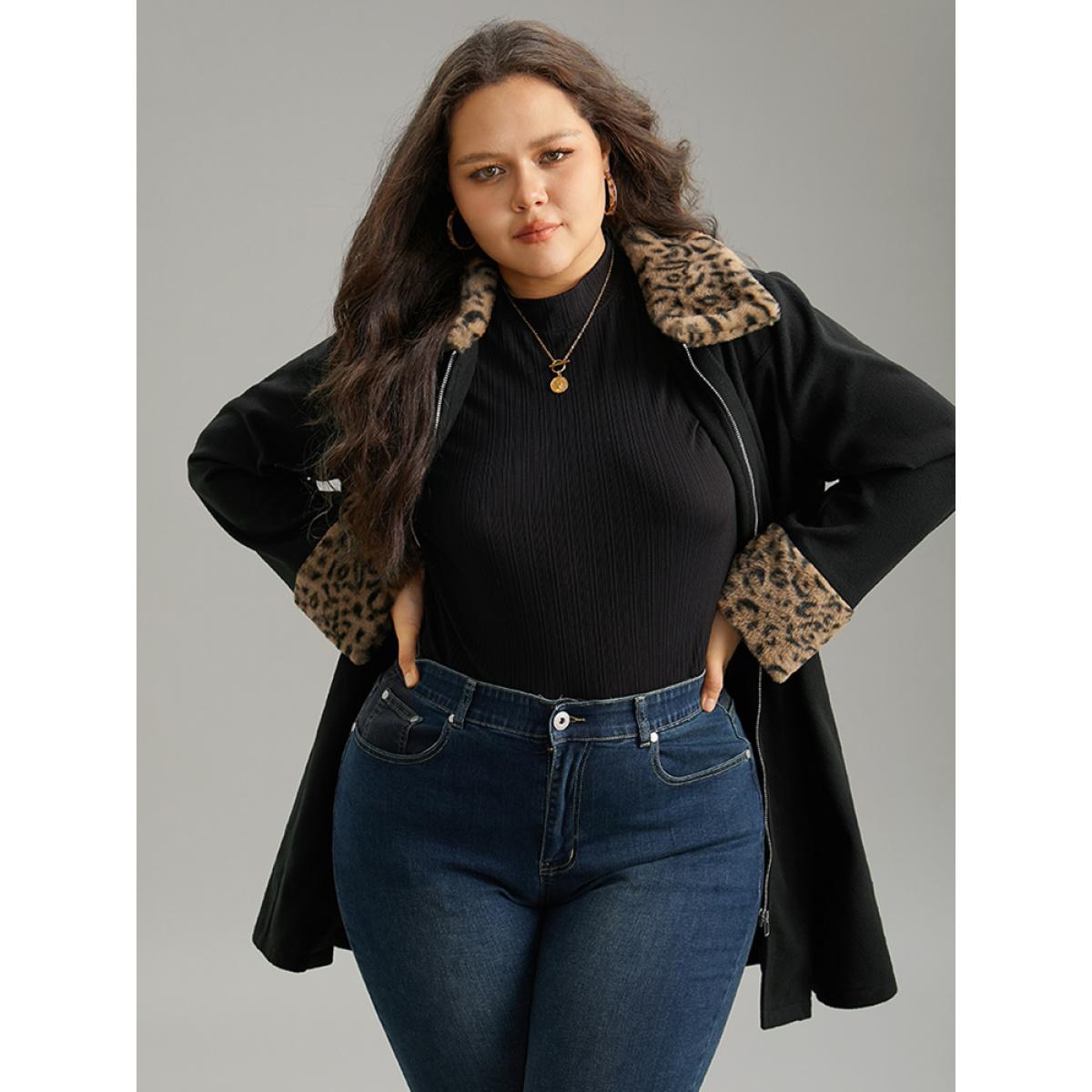 Plus Size Leopard Patchwork Fuzzy Trim Zipper Coat Women Black Casual Contrast Ladies Dailywear Winter Coats BloomChic 30/6X Product Image