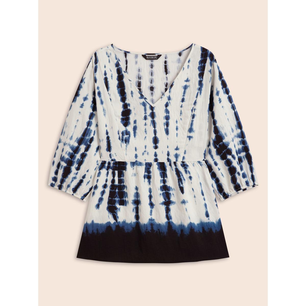 Plus Size Navy Tie Dye V Neck Gathered Blouse Women Resort Elbow-length sleeve V-neck Vacation Blouses BloomChic 26/4X Product Image