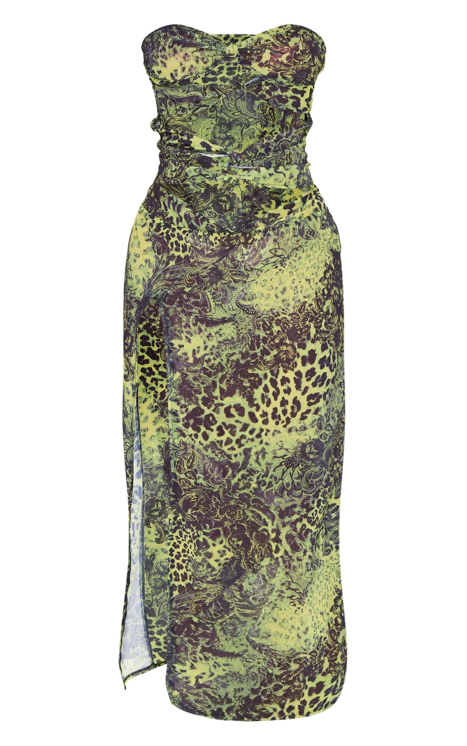 Shape Green Chiffon Leopard Printed Bandeau Cut Out Split Maxi Dress Product Image