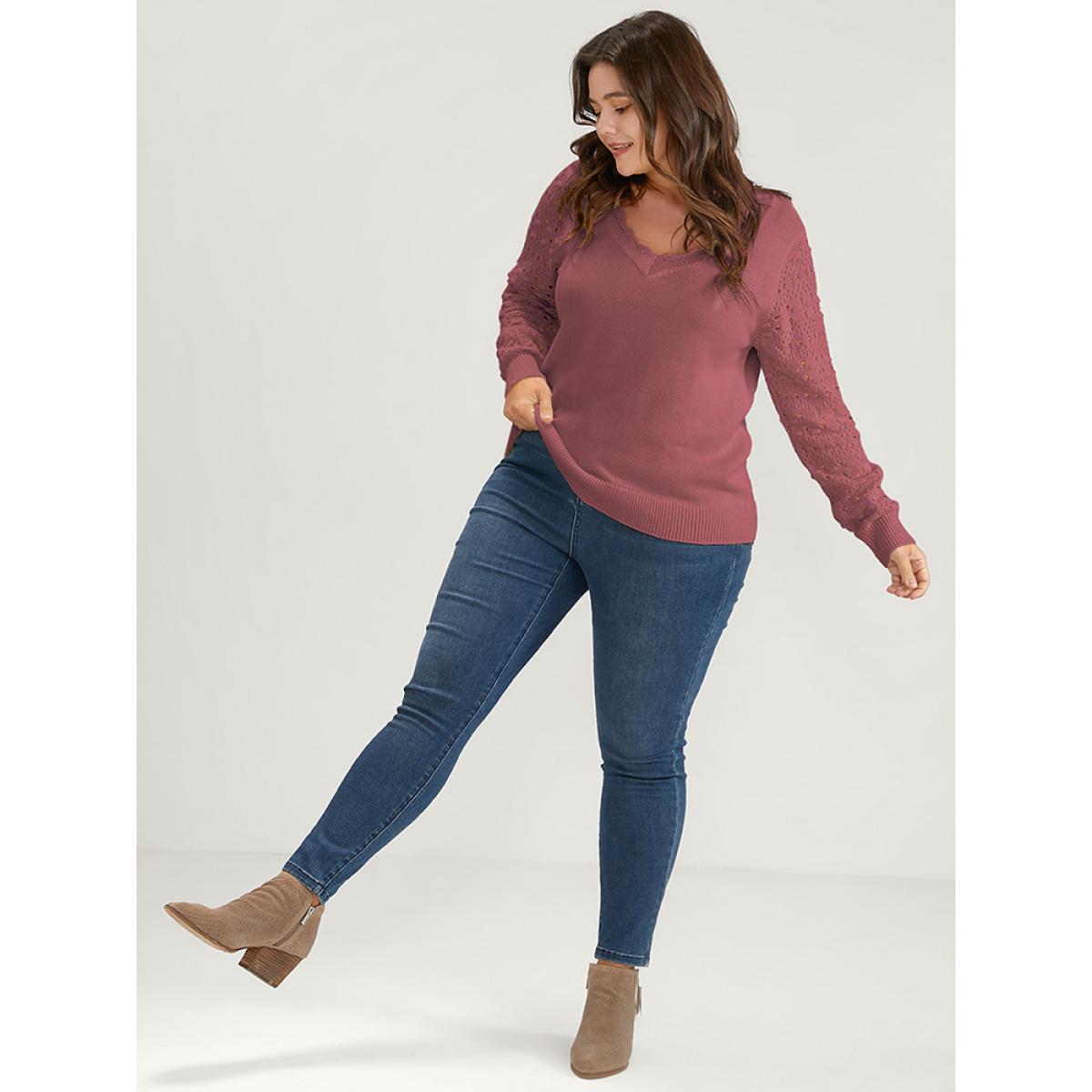 Plus Size Solid Pointelle Knit Scalloped Trim V Neck Crochet Knit Top Russet Women Elegant Long Sleeve V-neck Dailywear Pullovers BloomChic 18-20/2X Product Image