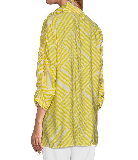 Multiples Crinkle Woven Wire Collar 3/4 Shirred Sleeve Hi-Low Hem Button-Front Shirt Product Image