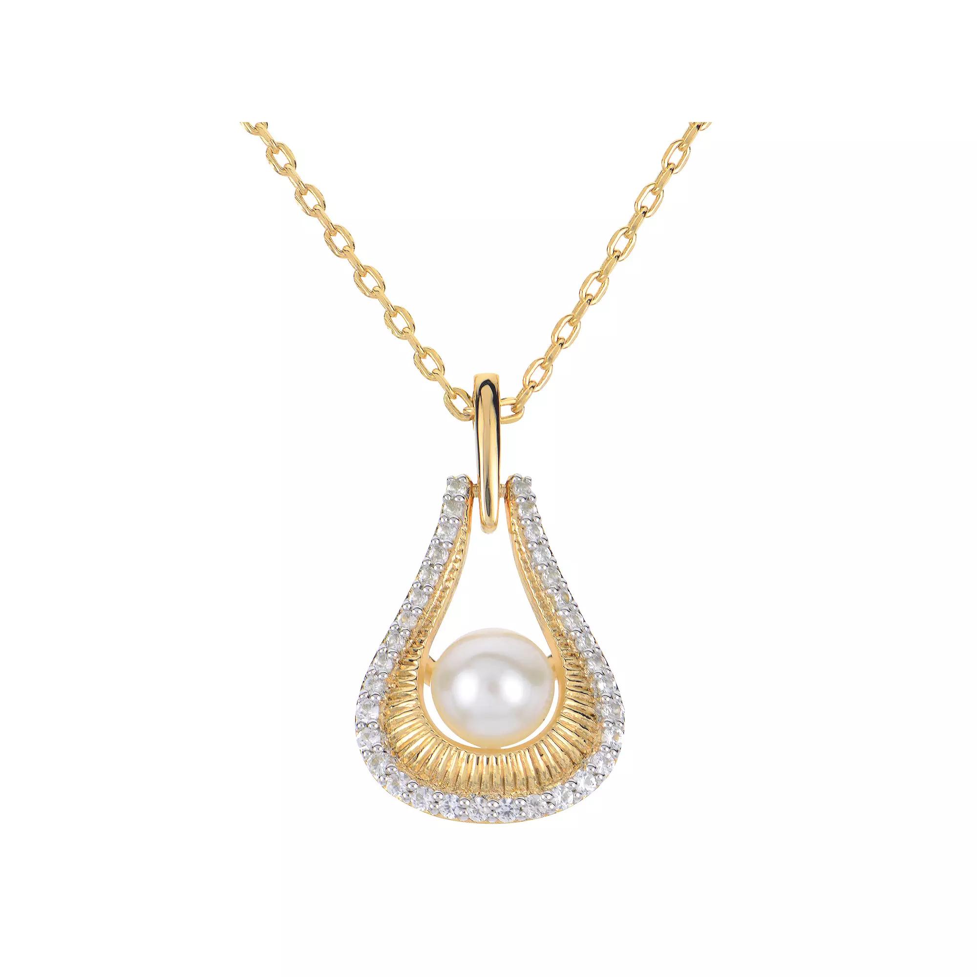 PearLustre by Imperial 14k Gold Over Silver Freshwater Cultured Pearl & Lab-Created White Sapphire Door Knocker Pendant Necklace, Womens, Gold Tone Product Image