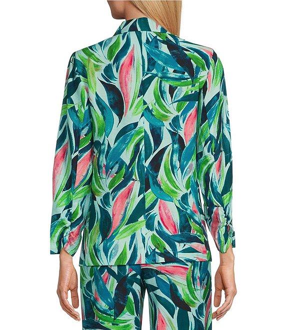 Investments Brushed Tropical Leaves Print 3/4 Ruched Sleeve Open Lapel Front Jacket Product Image
