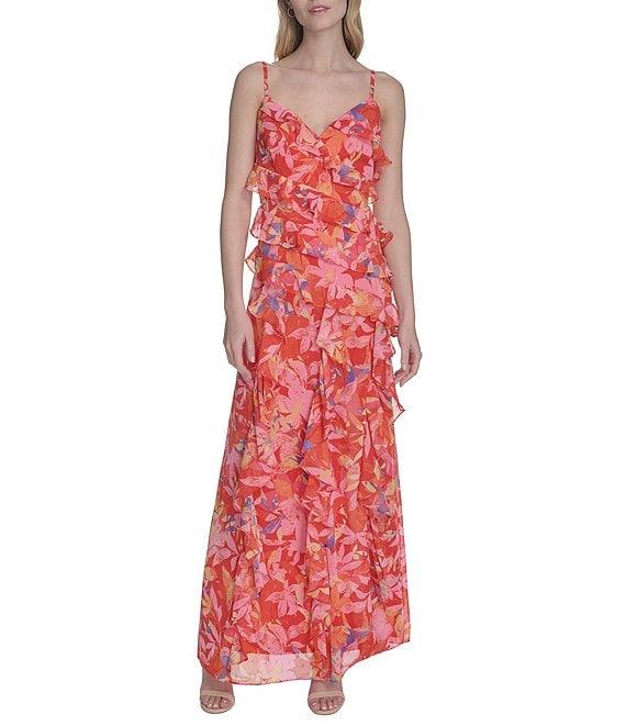 Eliza J Chiffon Floral Print V Neck Sleeveless Ruffle Sheath Maxi Dress Product Image