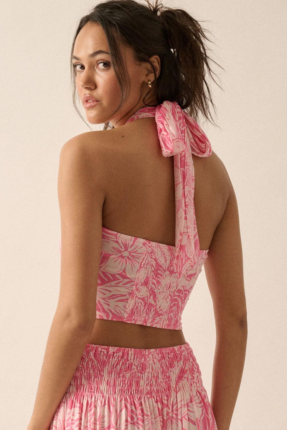 Floral Crisscross-Strap Cropped Halter Top Product Image