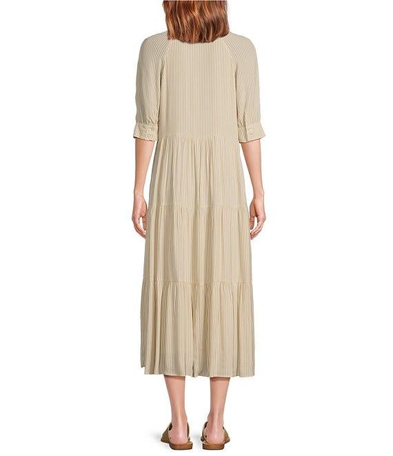 A Loves A Pinstripe Print Button Point Collar 3/4 Blouson Cuff Sleeve Tiered Waistless Midi Shirt Dress Product Image