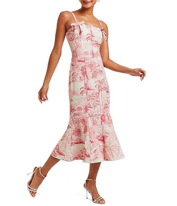 Mestiza New York Calista Toile Printed Stretch Crepe Micro Bow Sleeveless Midi Fit and Flare Dress Product Image