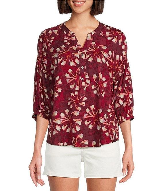 Westbound Petite Size Abstract Elbow Puff Sleeve Partial Button Front Top Product Image