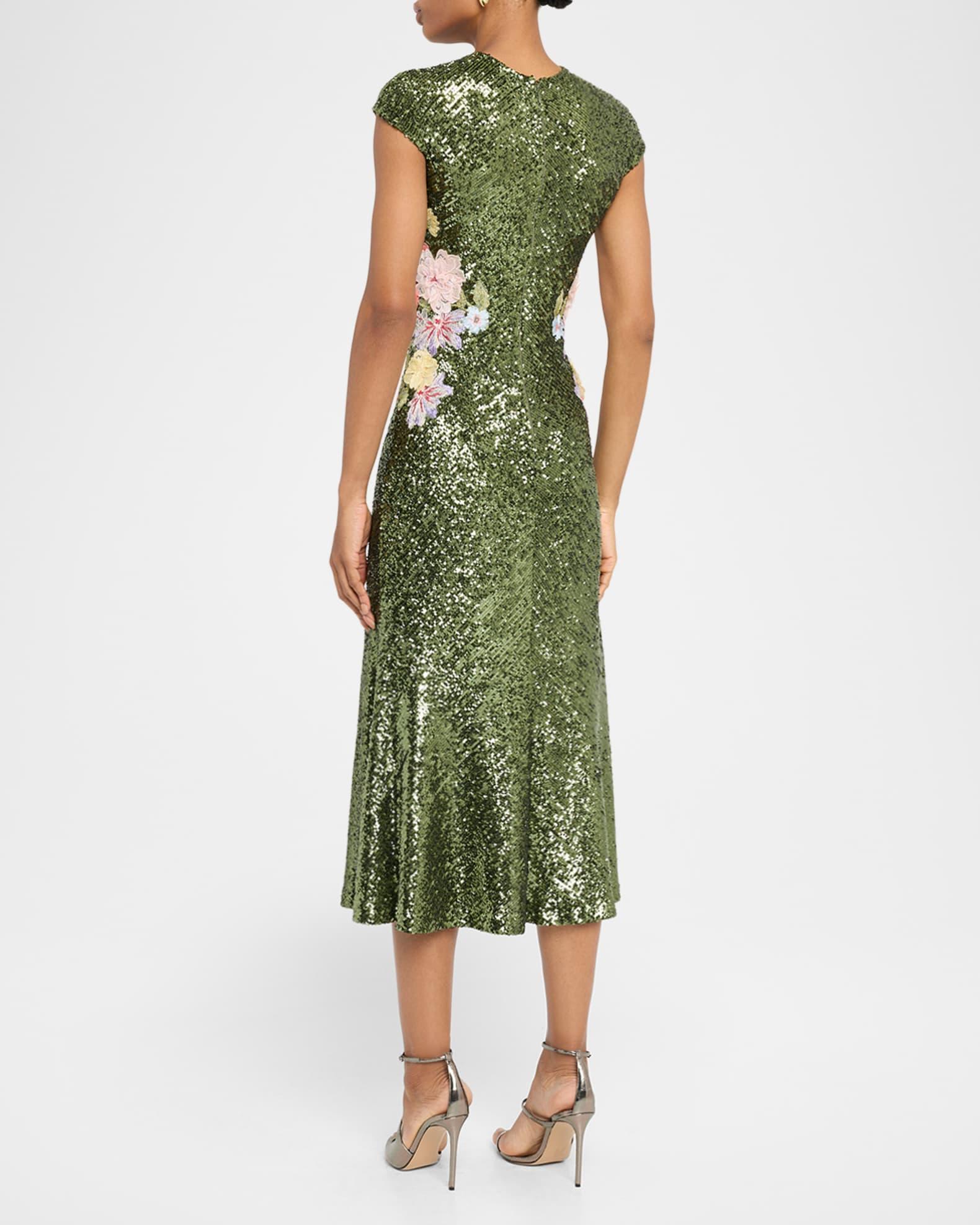 Floral Embroidered Stretch Sequin Cap-Sleeve Midi Dress Product Image