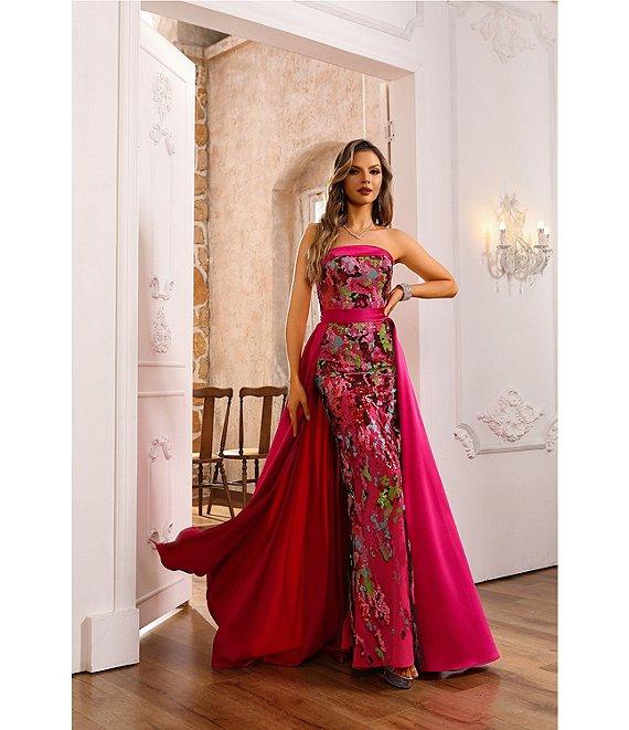Terani Couture Strapless Sequin Mikado Column Gown With Overlay Skirt Product Image
