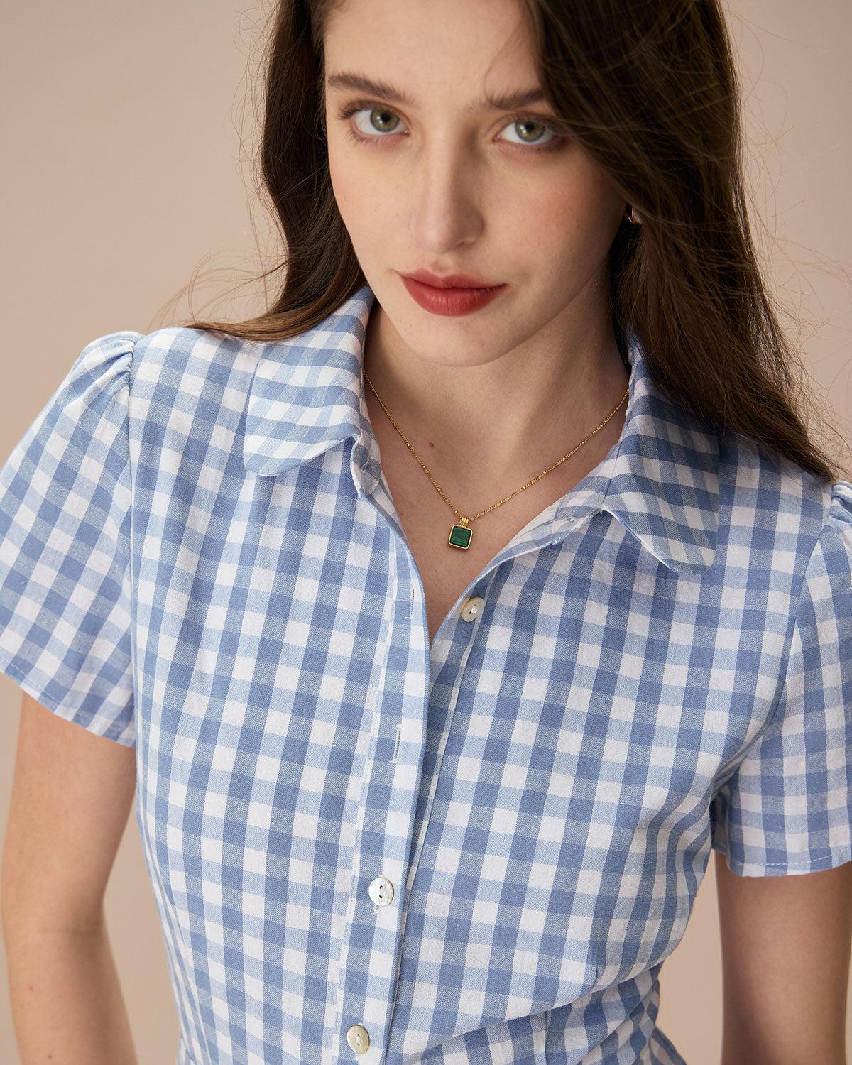 Women's Blue Plaid Lapel Cotton Mini Dress Female Product Image