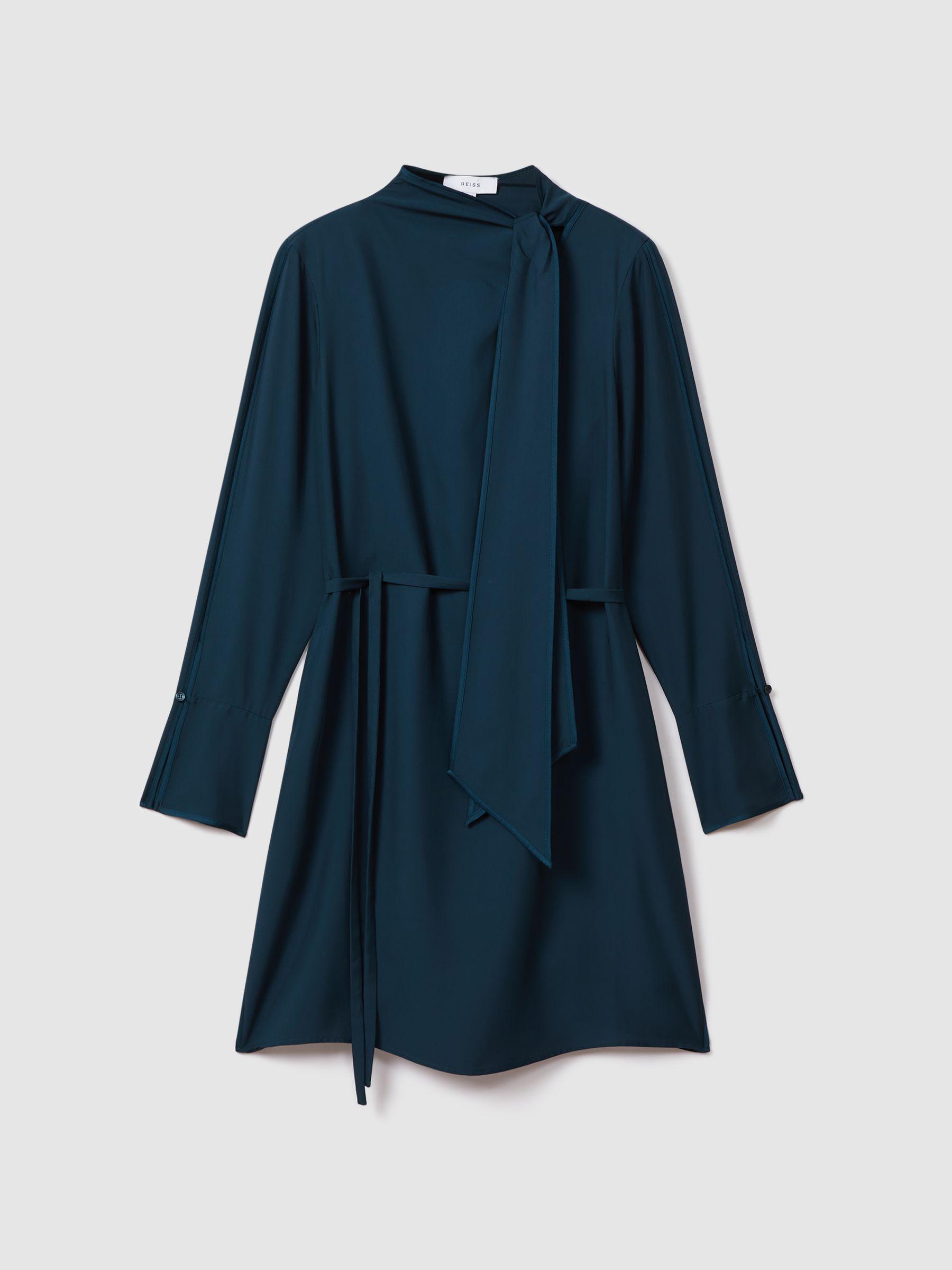 Tie Neck Belted Mini Dress in Teal Product Image