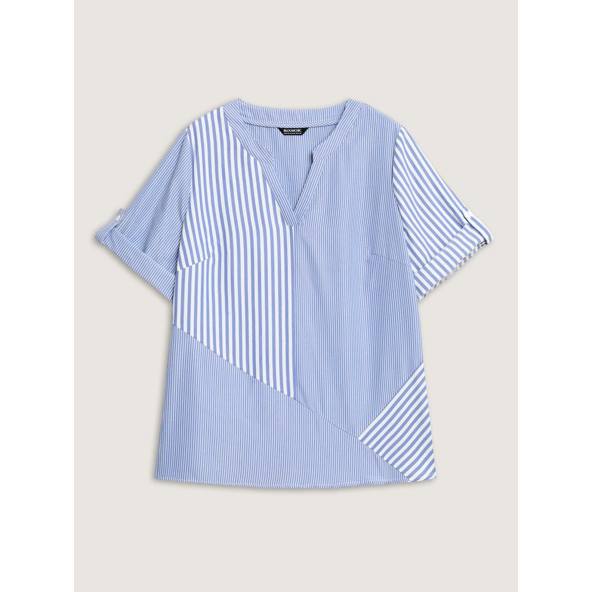 Plus Size DarkBlue Modern Stripes Notched Collar Blouse Women Elbow-length sleeve Flat collar with V-notch Work Blouses BloomChic 14-16/1X Product Image