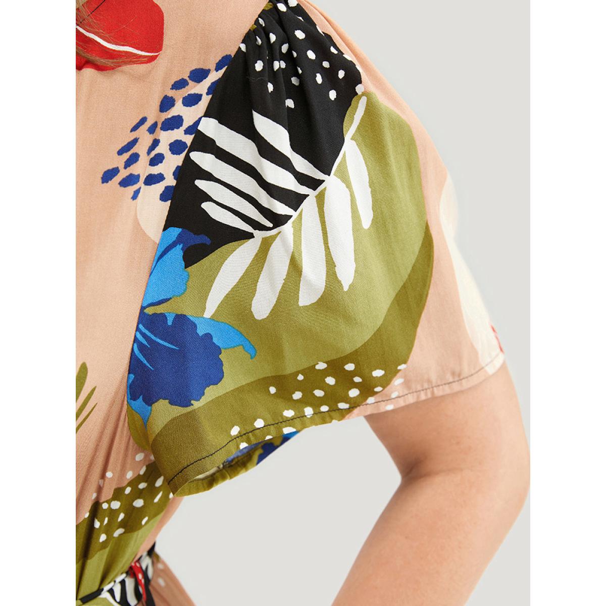 Plus Size Tropical Print Ruched Front Belt Pocket Flutter Hem Dress Multicolor Women Vacation Gathered V-neck Short sleeve Curvy Midi Dress BloomChic 14-16/1X Product Image