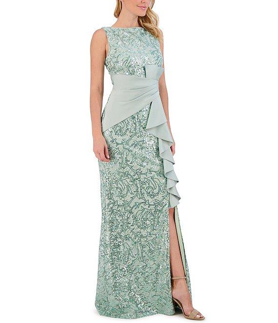Eliza J Sequin Lace Boat Neck Sleeveless Ruffle Front Slit Gown Product Image