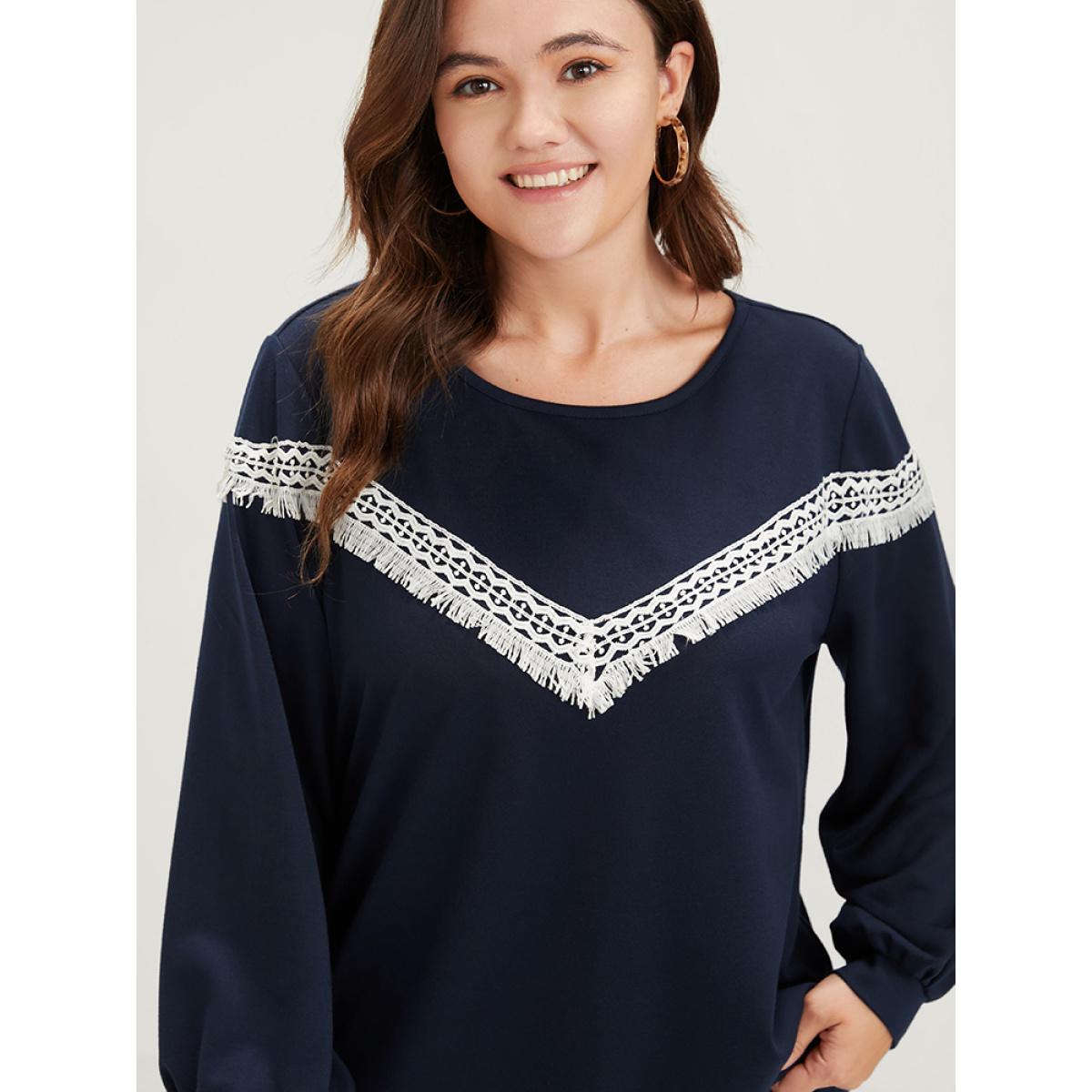 Plus Size Plain Round Neck Contrast Lace Drop Shoulder Sweatshirt Women Midnight Casual Contrast Round Neck Dailywear Sweatshirts BloomChic 26/4X Product Image
