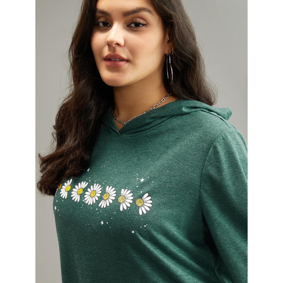 Plus Size Floral Print Pocket Hooded Sweatshirt Women DarkGreen Casual Printed Dailywear Sweatshirts BloomChic 18-20/2X Product Image