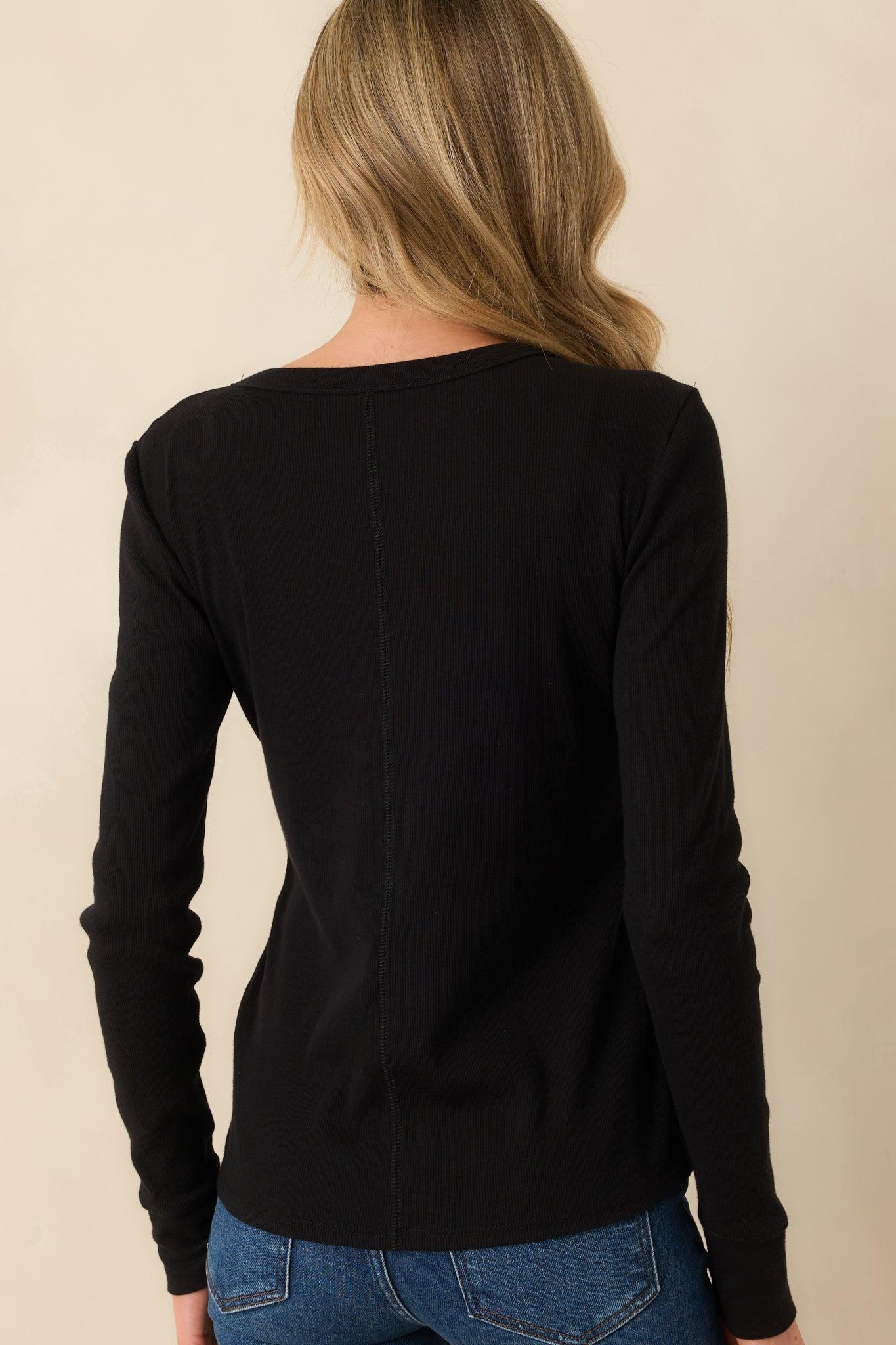 Everyday Envy Black Ribbed Cotton Long Sleeve Henley Tee L / Black Product Image