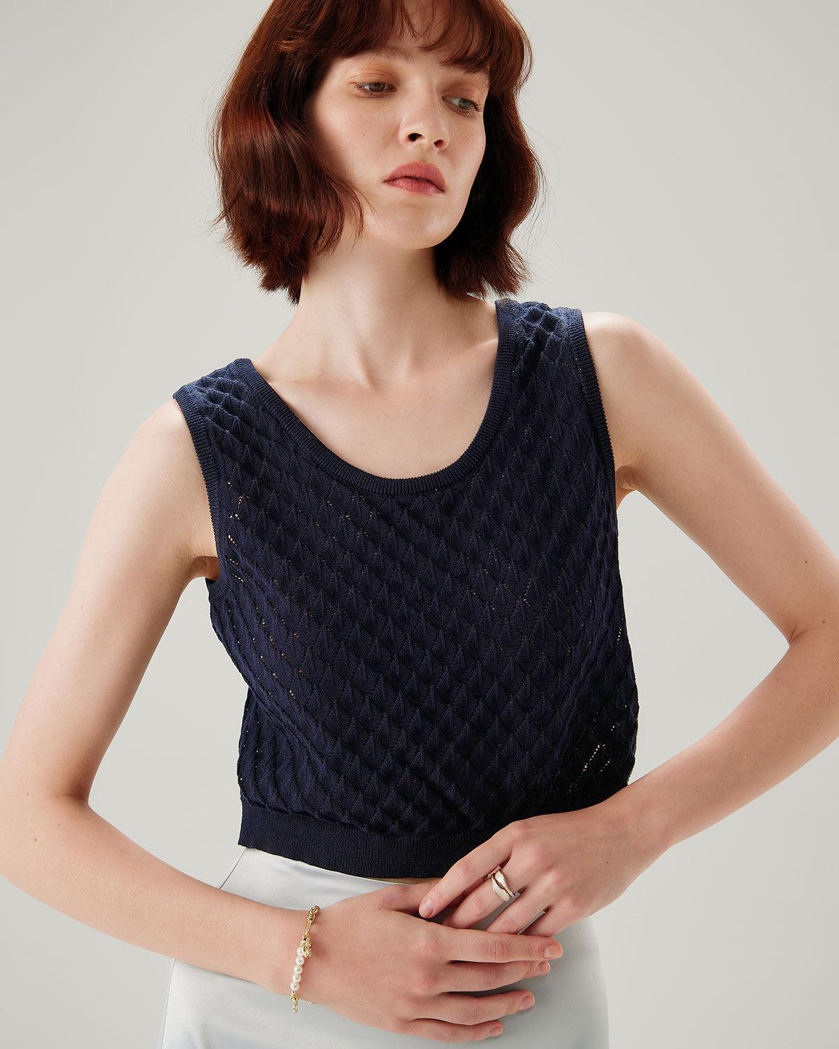 Blue Textured Crochet Tank Top Product Image