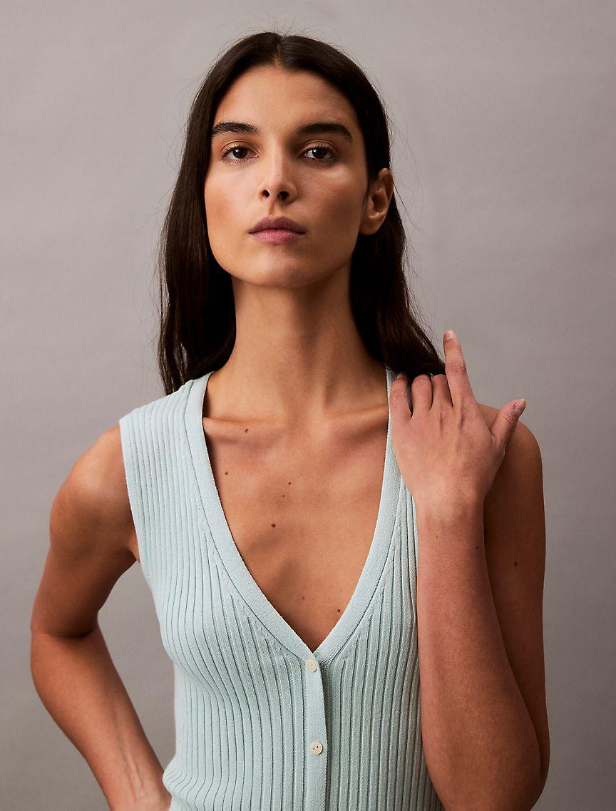 Smooth Cotton Rib Sweater Midi V-Neck Dress Product Image