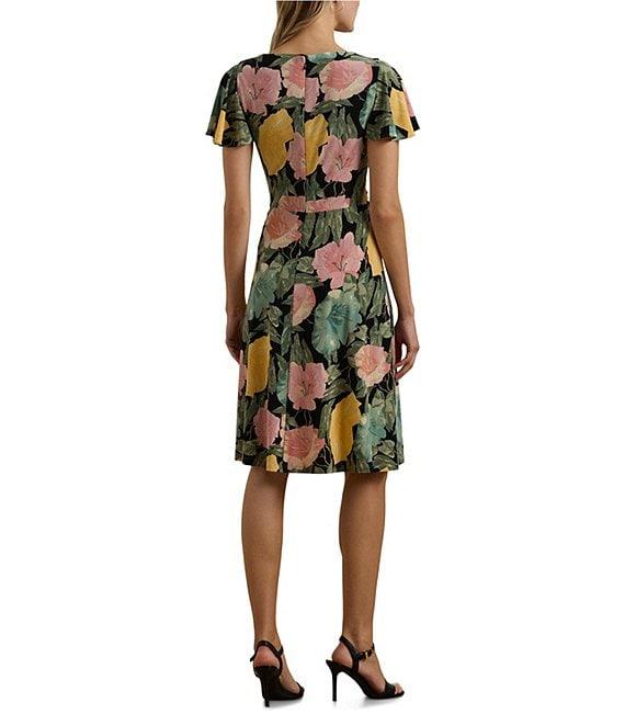 Lauren Ralph Lauren Stretch Jersey Floral Print V Neck Short Sleeve Sheath Knee Length Dress Product Image
