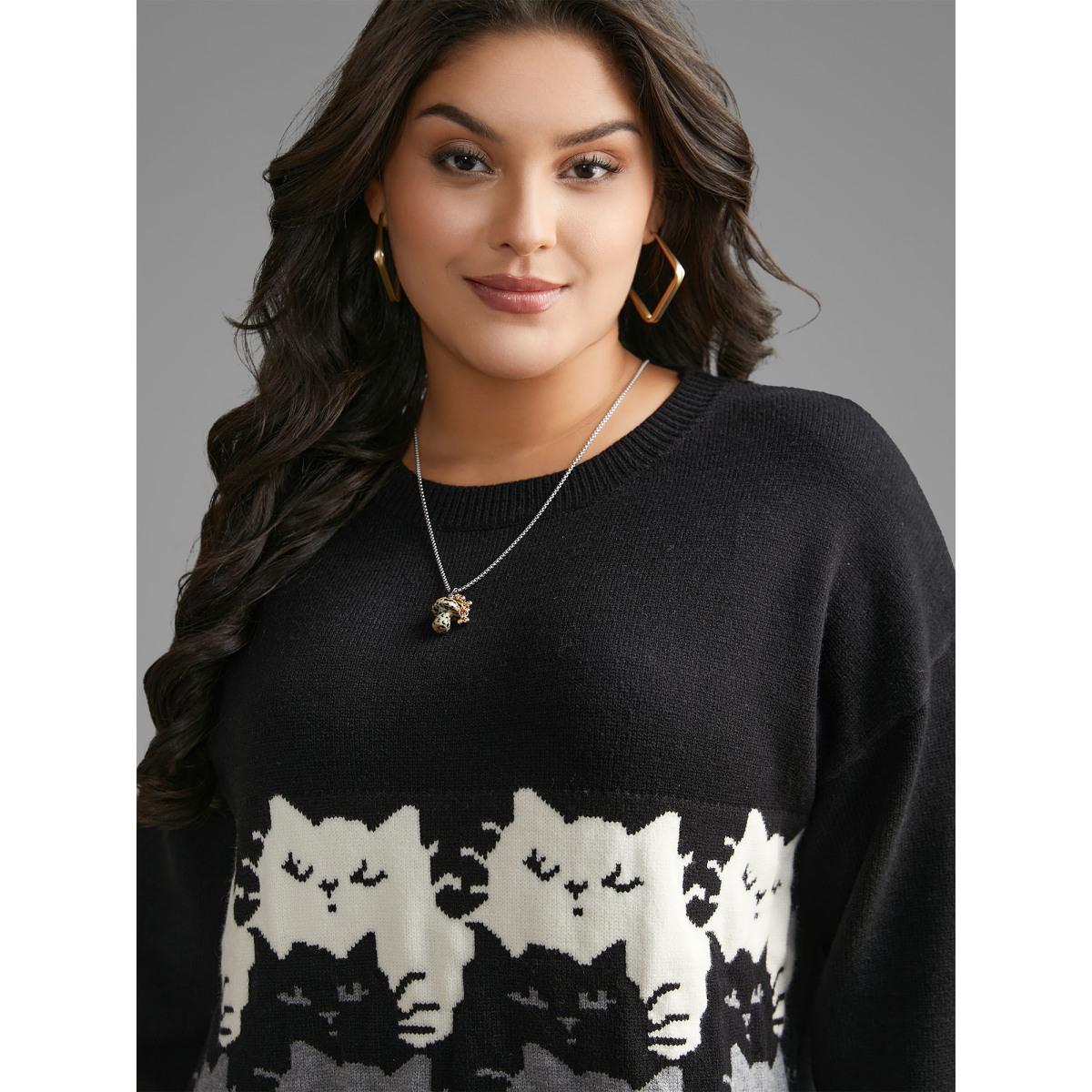 Plus Size Cat Contrast Drop Shoulder Pullover Black Women Playful Loose Long Sleeve Round Neck Casual Pullovers BloomChic 12/L Product Image