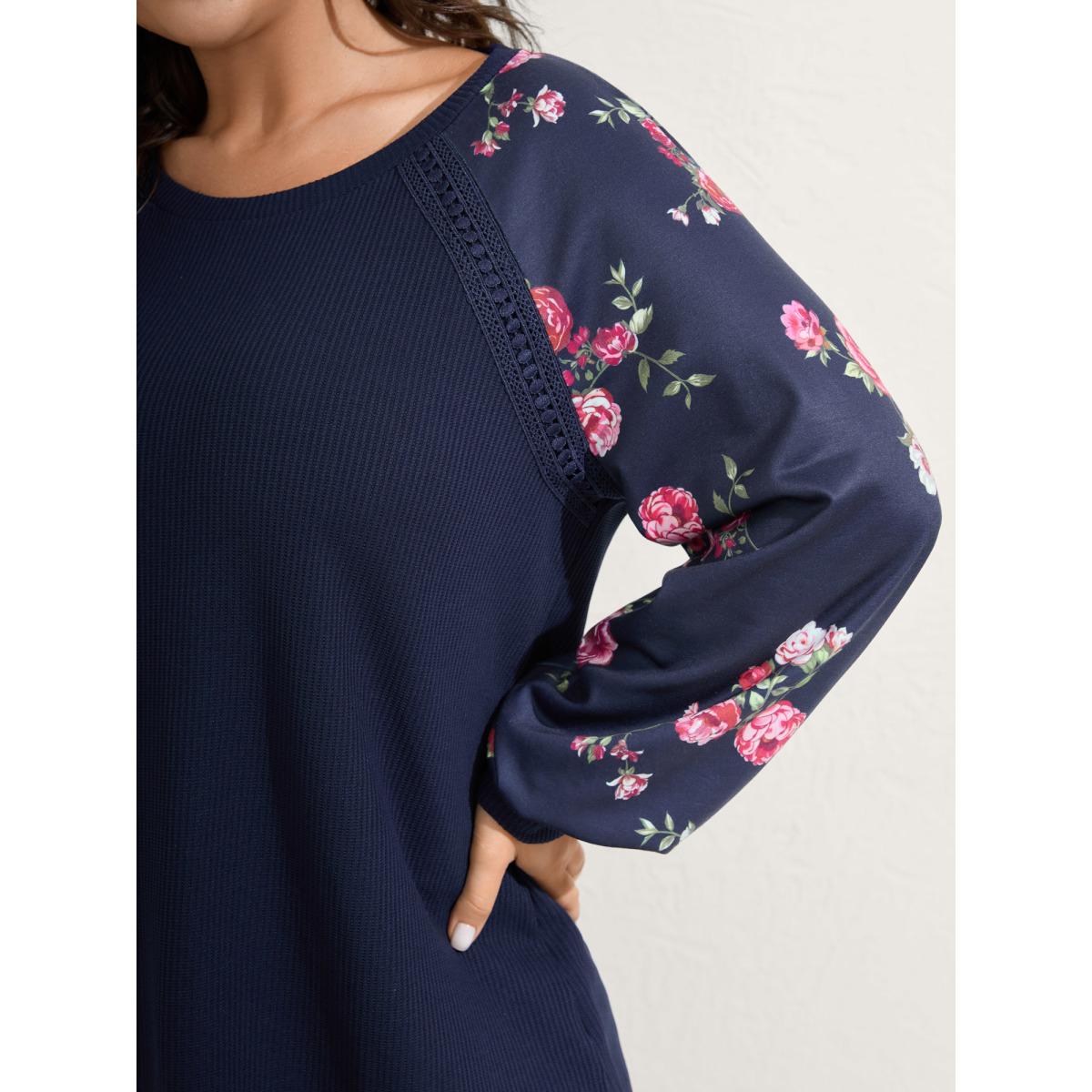 Plus Size Rosy Sleeve Textured Lace Solid Sweatshirt Women DarkBlue Leisure Woven ribbon&lace trim Round Neck Vacation Sweatshirts BloomChic 18-20/2X Product Image
