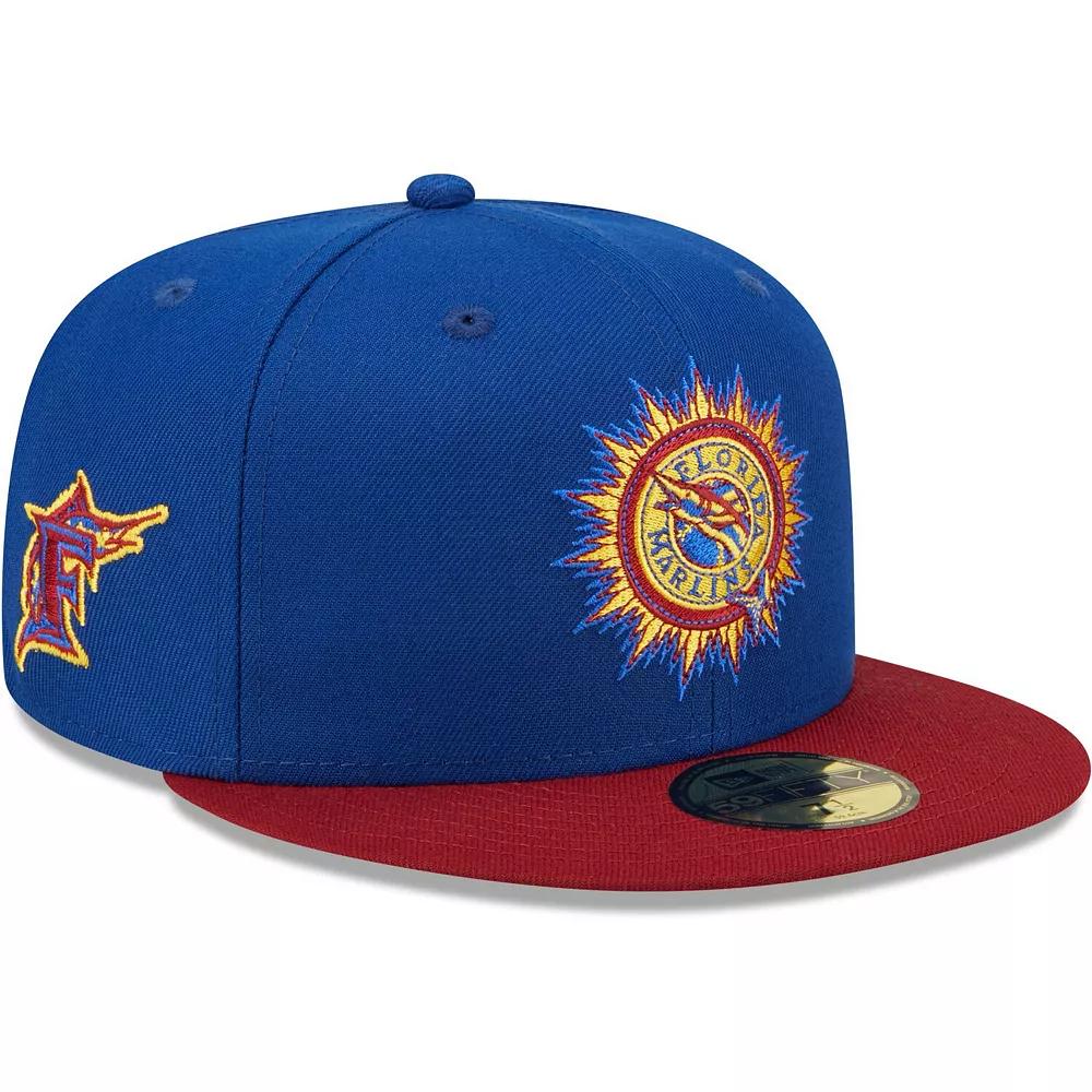 Men's New Era Royal/Red Florida Marlins Alternate Throwback Logo Primary Jewel Gold Undervisor 59FIFTY Fitted Hat,  Product Image