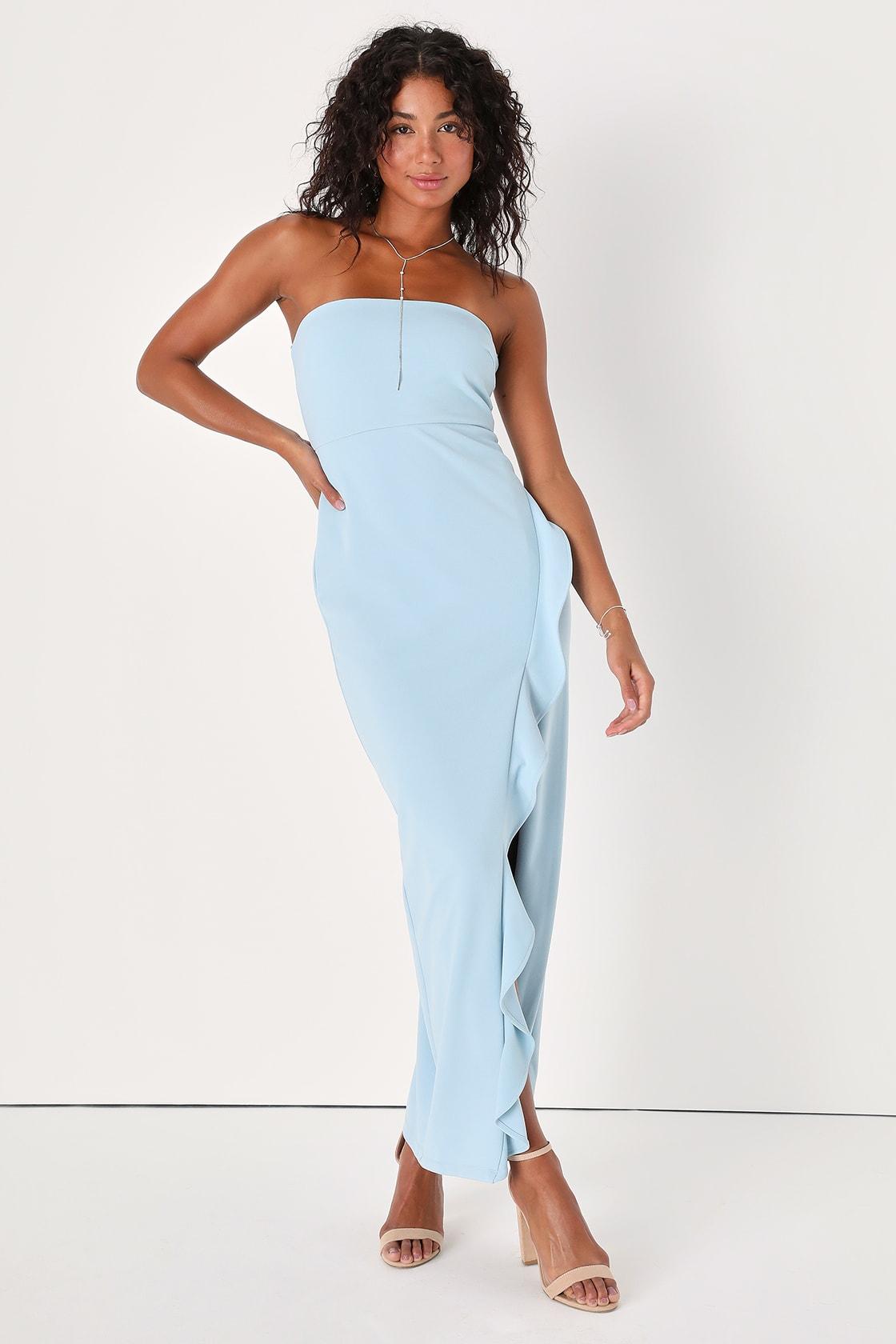 After Hours Light Blue Strapless Ruffled Maxi Dress Product Image