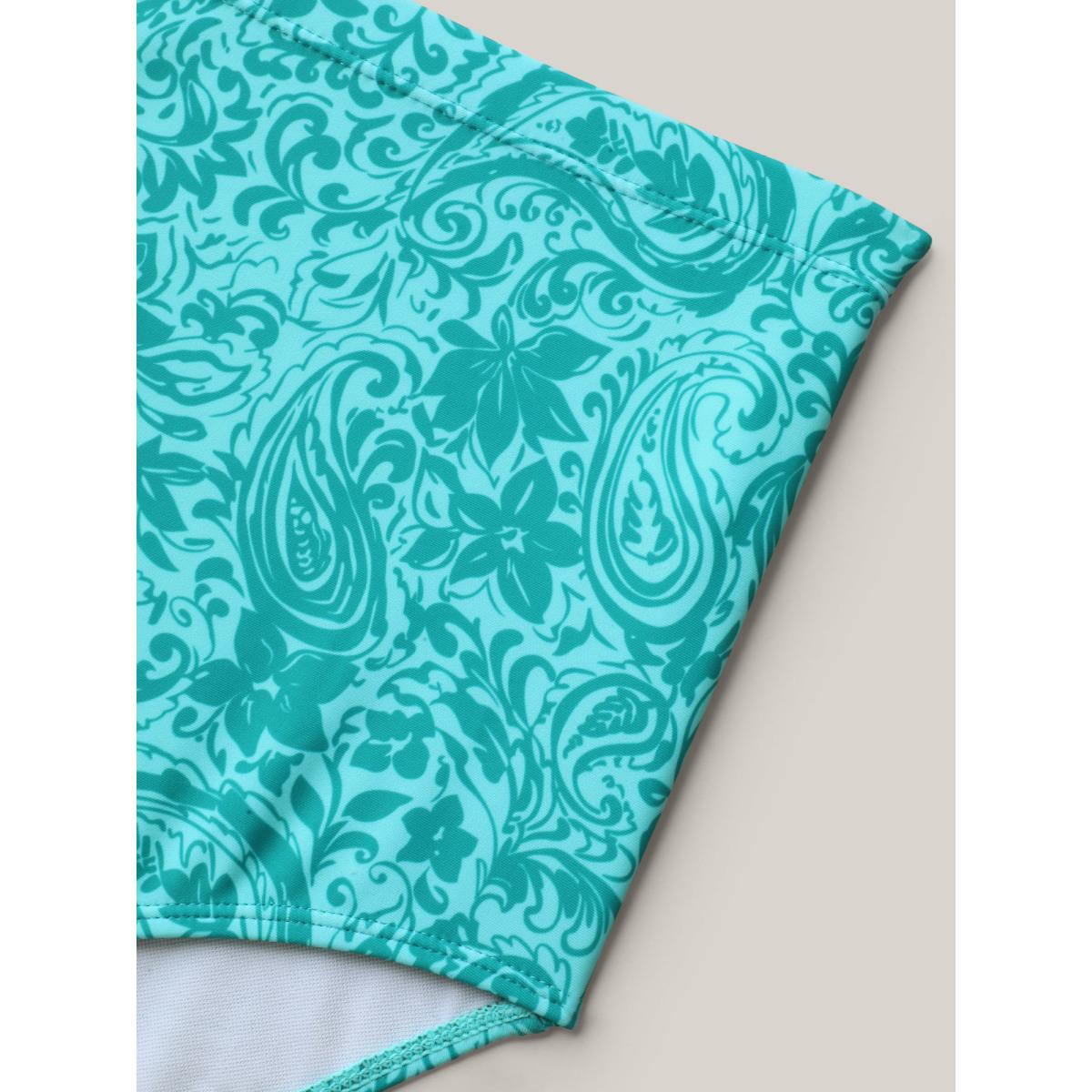 Plus Size Paisley Print Twist Front Swim Dress Women's Swimwear Turquoise Resort Bodycon U-neck High stretch Curve Swim Dresses BloomChic 10/M Product Image