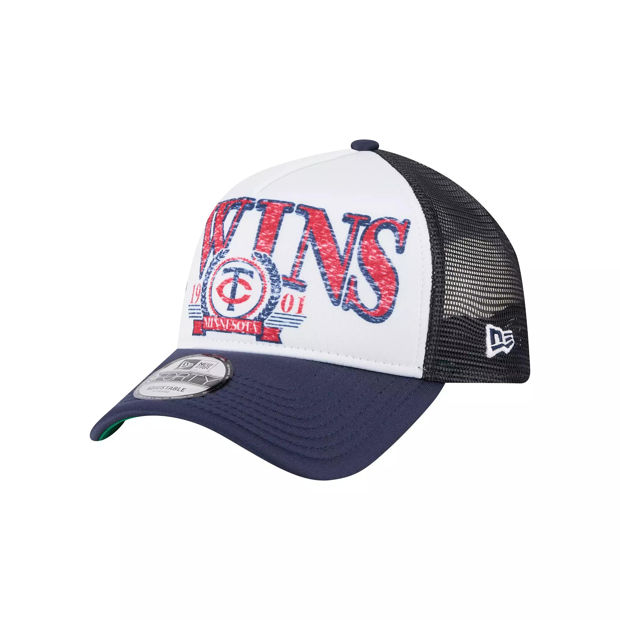 Men's New Era  Navy Minnesota Twins Distressed 9FORTY A-Frame Adjustable Trucker Hat, Blue Product Image