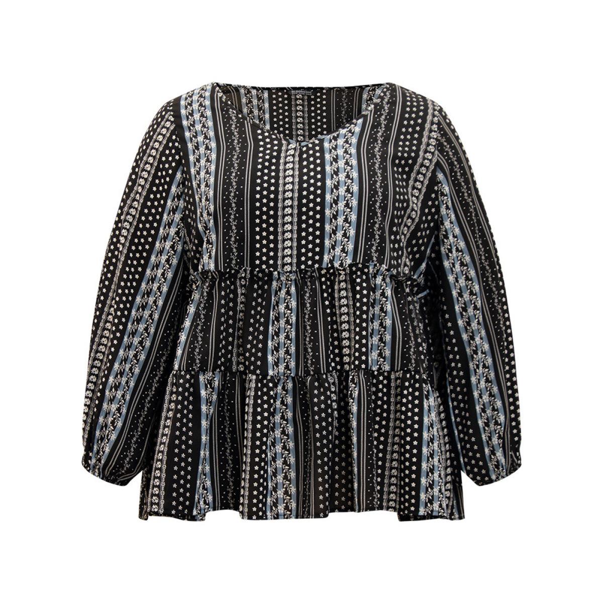 Plus Size BlackFlower Boho Print Frill Trim Ruffle Layered Hem Blouse Women Vacation Long Sleeve V-neck Vacation Blouses BloomChic 22-24/3X Product Image