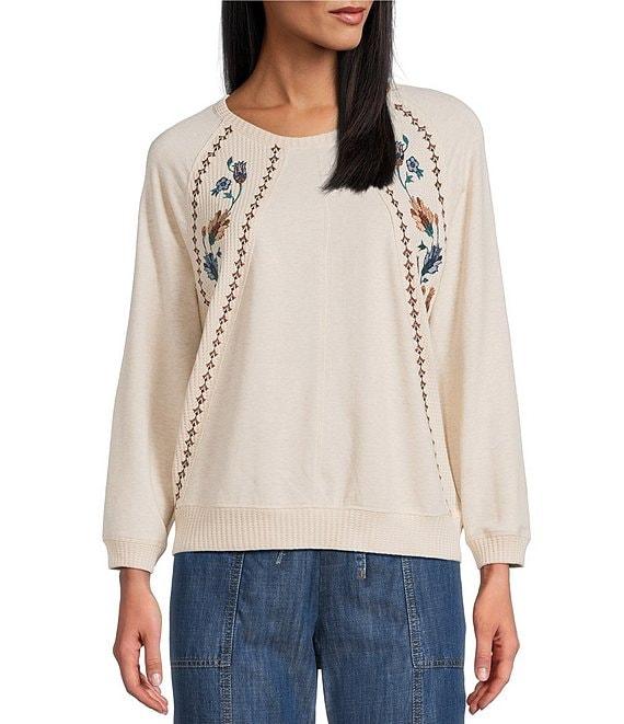 Nurture Knit Crew Neck 3/4 Sleeve Embroidered Top Product Image