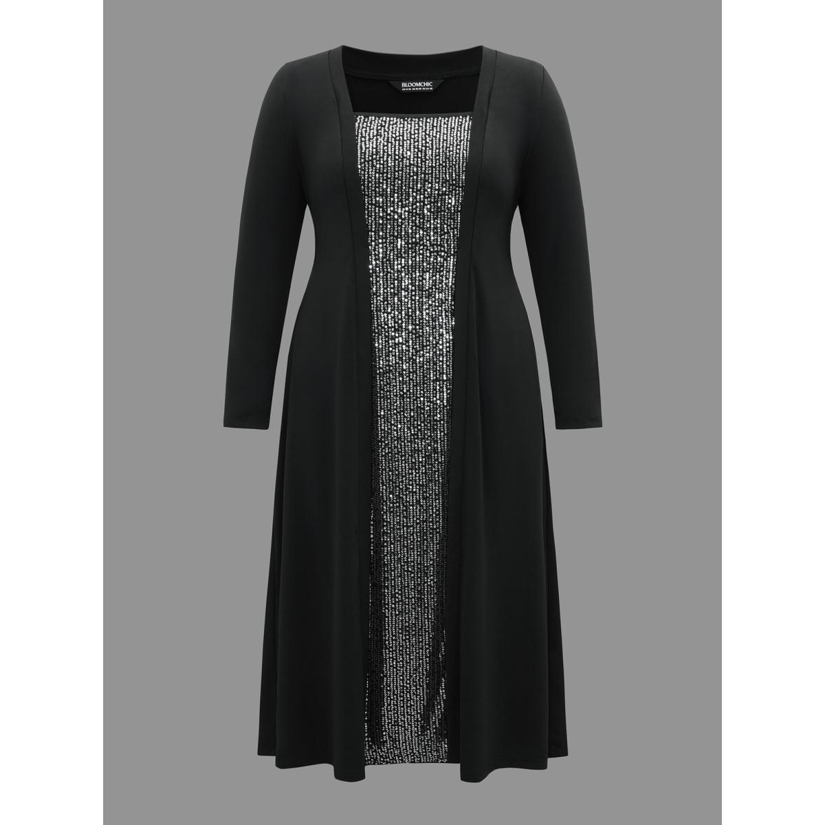 Plus Size Sequin Patchwork Elastic Waist Midi Dress Black Women Party&Cocktail Texture Party Curvy Bloomchic 28/5X Product Image