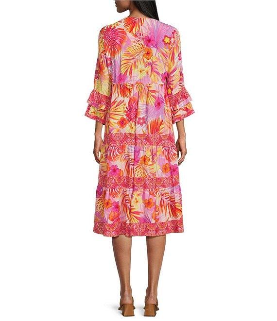 John Mark Tropical Printed V-Neck 3/4 Sleeve Tiered Midi Dress Product Image