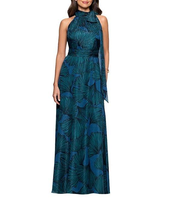 Betsy & Adam Halter Tie Neck Palm Print Shimmer Chiffon Sleeveless Maxi Dress Product Image