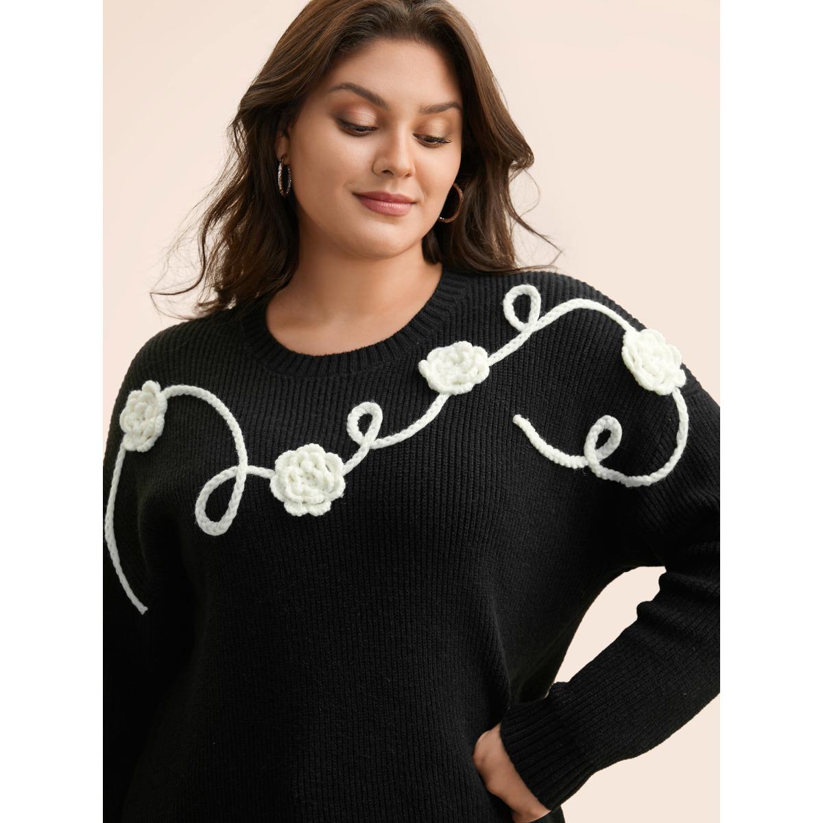 Plus Size Supersoft Essentials Crochet Floral Drop Shoulder Pullover Black Women Casual Loose Long Sleeve Round Neck Everyday Pullovers BloomChic 10/M Product Image