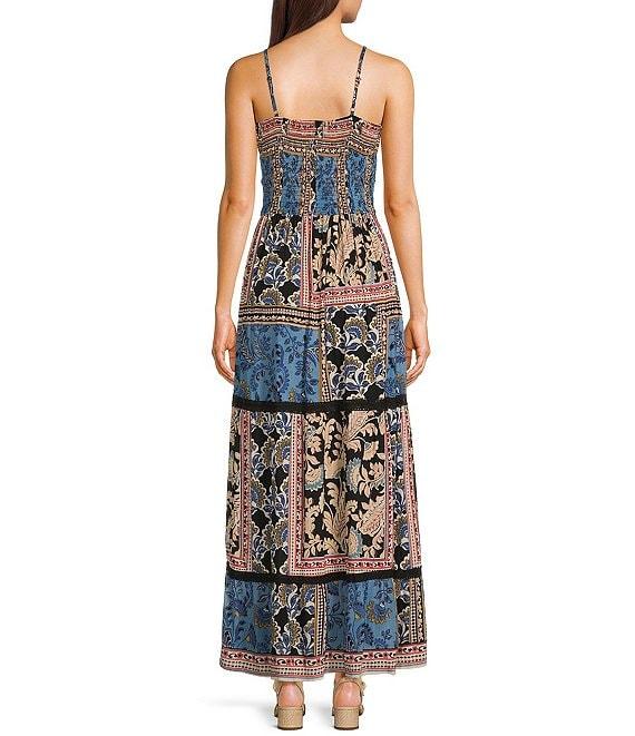 Angie Patchwork Print V-Neck Spaghetti Strap Knot Front Tiered Crochet Trim Maxi Dress Product Image
