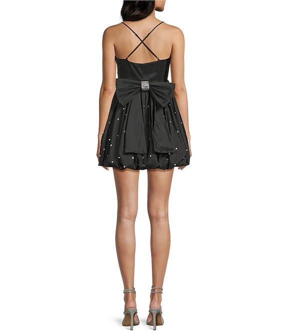 City Vibe Plunge Sweetheart Neck Bow Back Rhinestone Bubble Dress Product Image