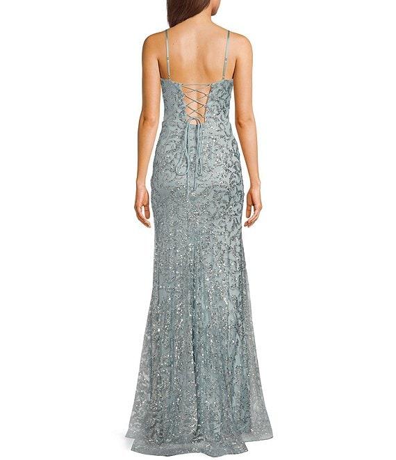 Blondie Nites Glitter Sequin Pattern V-Neck Spaghetti Strap Corset Lace-Up Back Gown Product Image