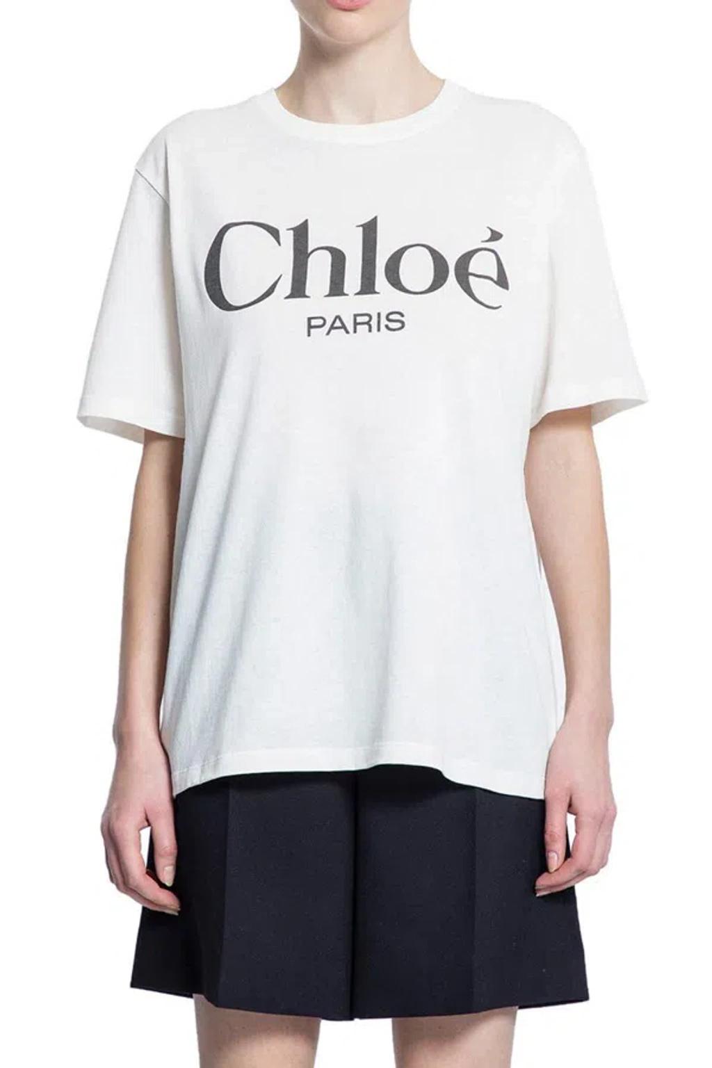 CHLOÉ White Crewneck T-shirt With Logo Print On The Front In Cotton Woman Product Image
