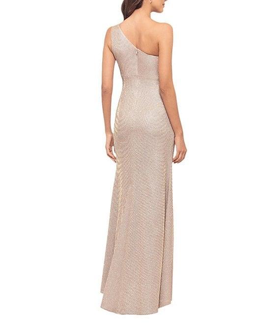 Betsy & Adam Glitter One Shoulder Neck Sleeveless Rosette Fit and Flare Gown Product Image