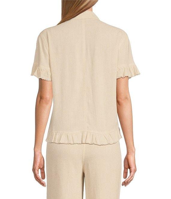 Multiples Textured Slub Woven Point Collar Short Sleeve Ruffle Detail Fitted Button Front Jean Jacket Product Image