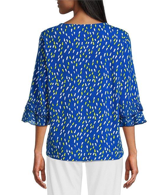 Multiples Slub Knit Georgette Dot Print Boat Neck 3/4 Sleeve Fitted Ruched Side Drawstring Top Product Image