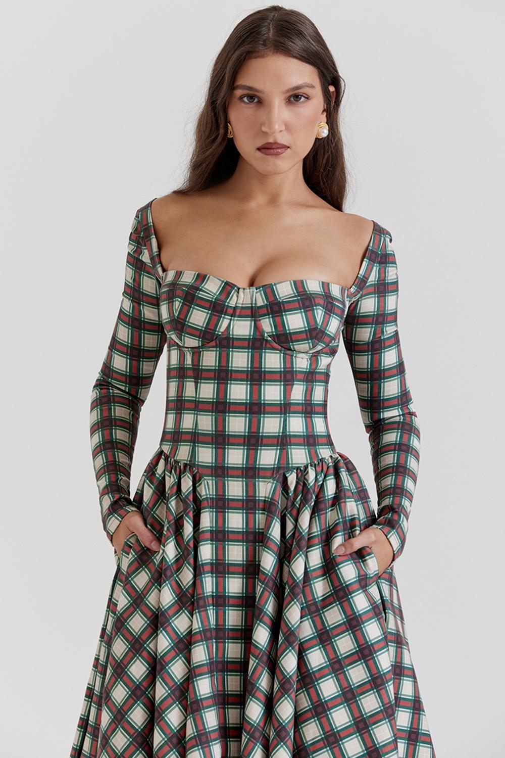 Eliza  red tartan corset midi dress - sale Product Image