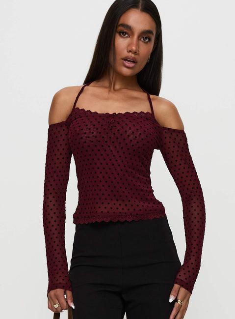 On My Side Off Shoulder Tie Neck Top Burgundy Product Image